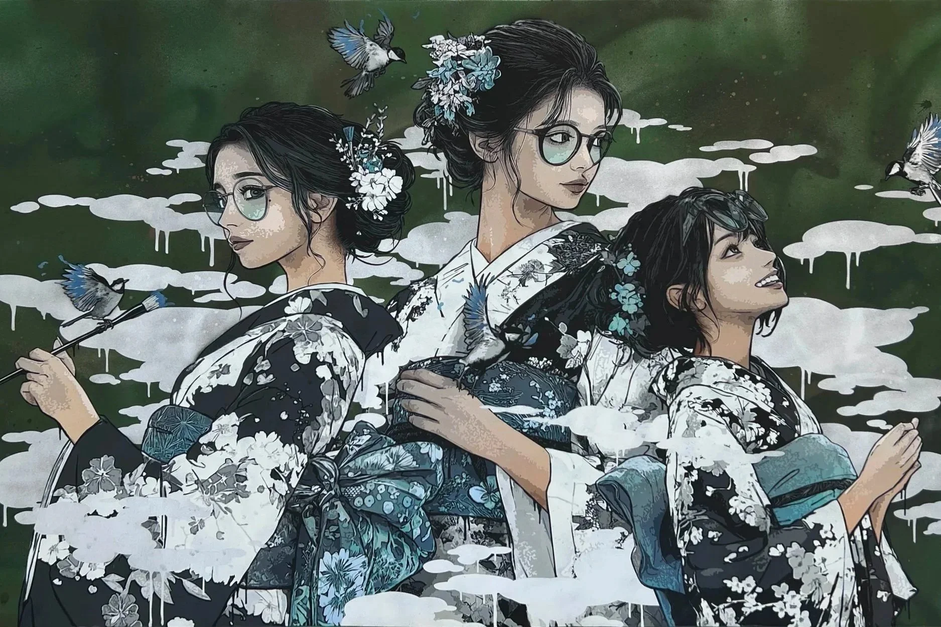 Three Sisters, painting by RoamCouch featured in the solo exhibition at NextStreet Gallery, Paris, 2025