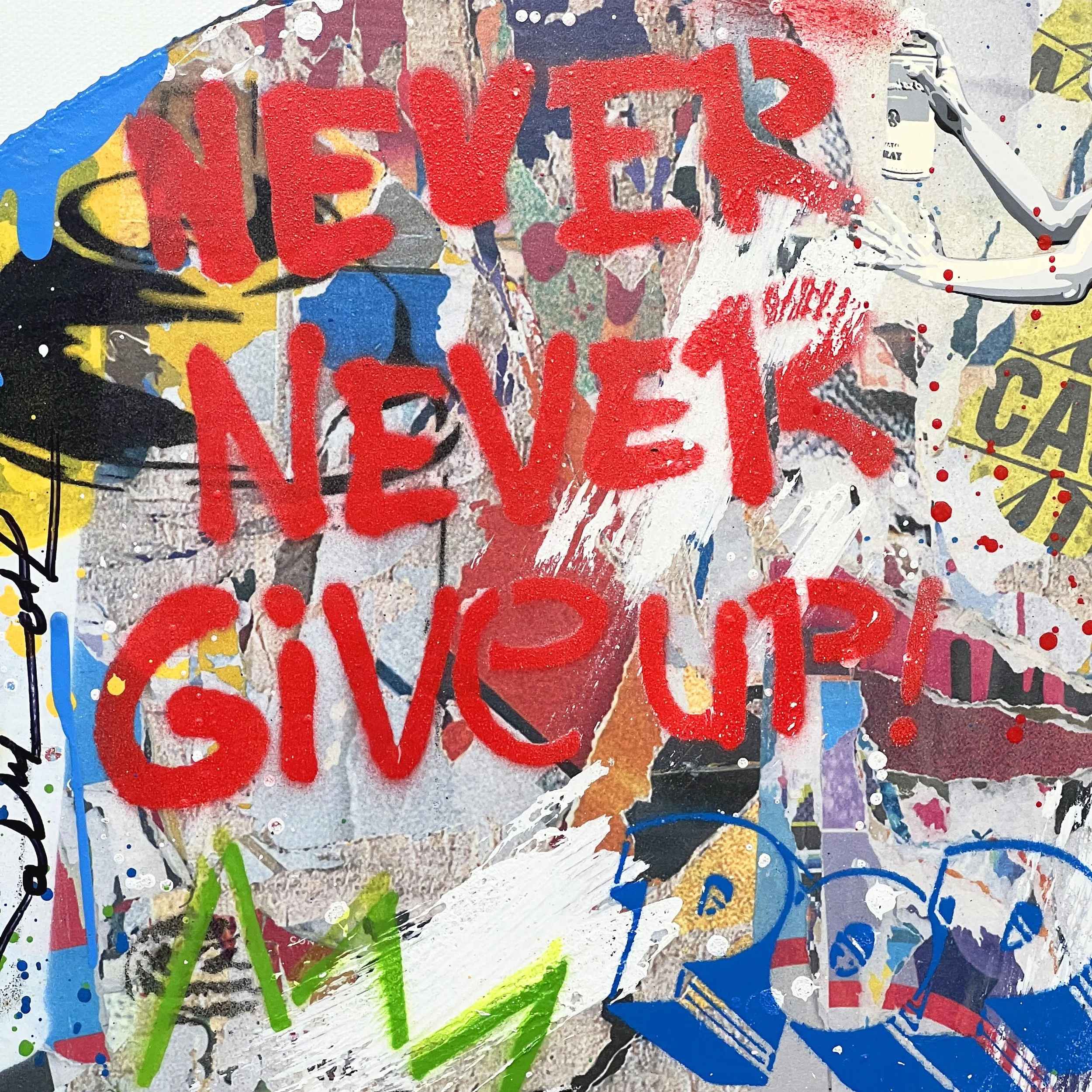 Detail of the mixed-media surface of Mr. Brainwash, Never, Never Give Up!, 2026