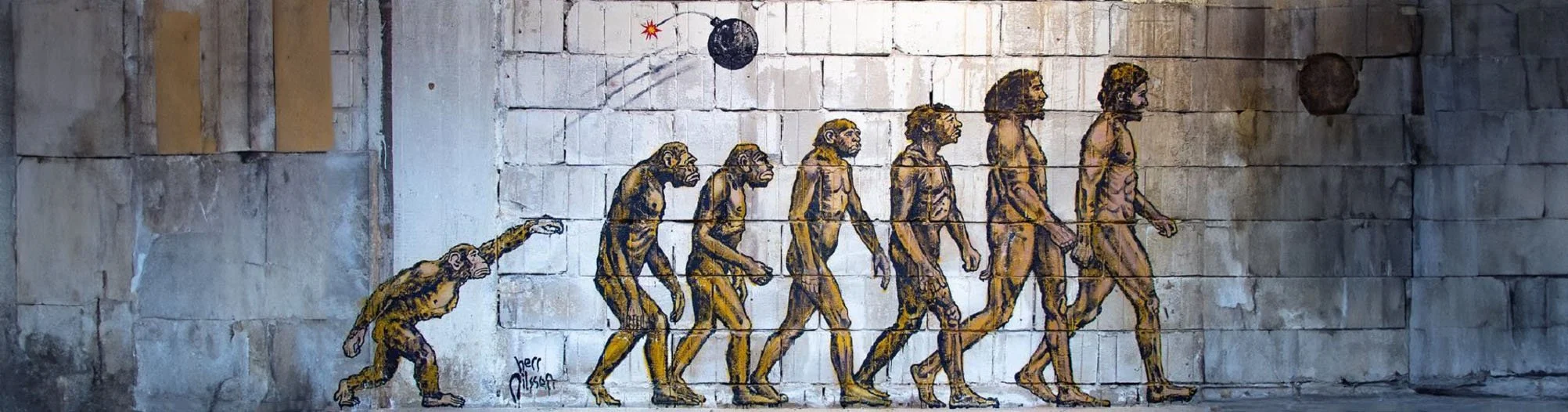Street art mural by Herr Nilsson depicting human evolution with a satirical twist