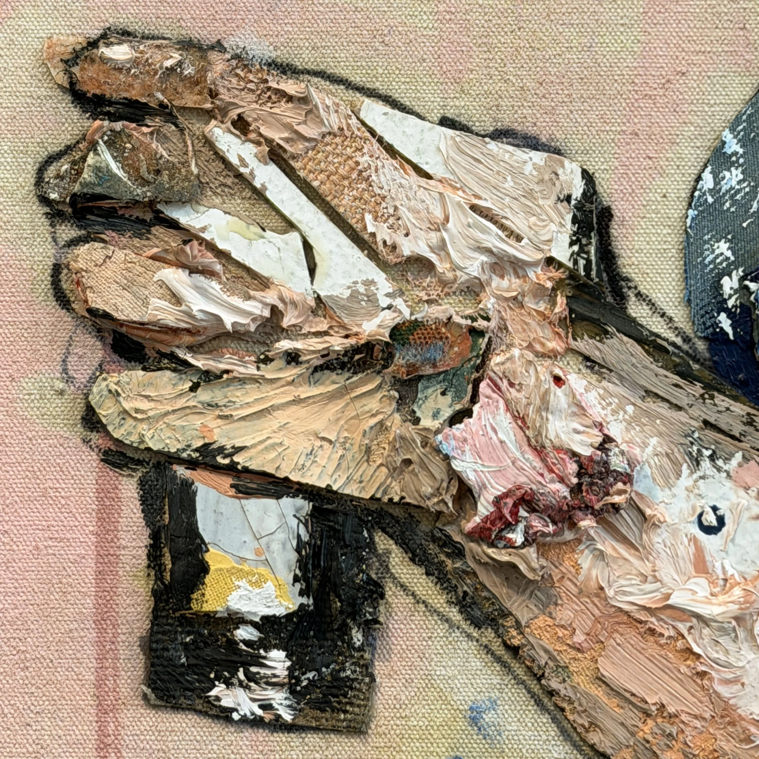 Detail of Sébastien Bayet, Atelier de Tracey Emin, 2026, fabric collage and impasto