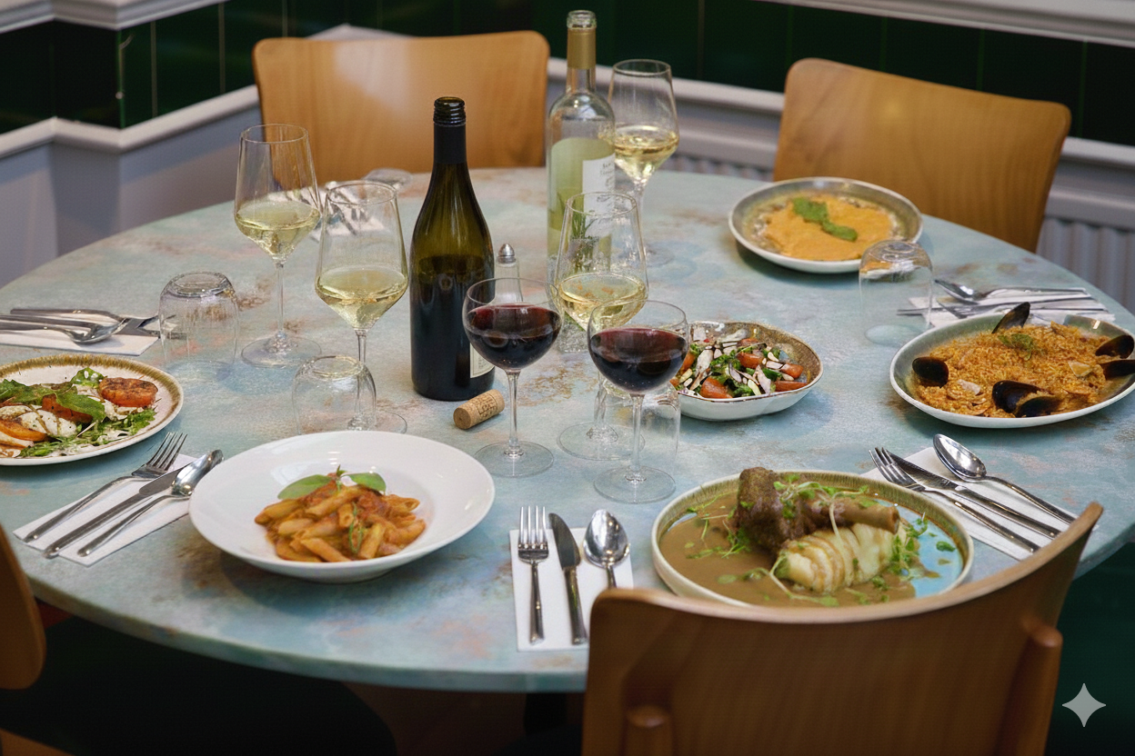 A round dining table with five chairs set for a meal, featuring plates of food, wine glasses with white and red wine, bottles of wine, and utensils.