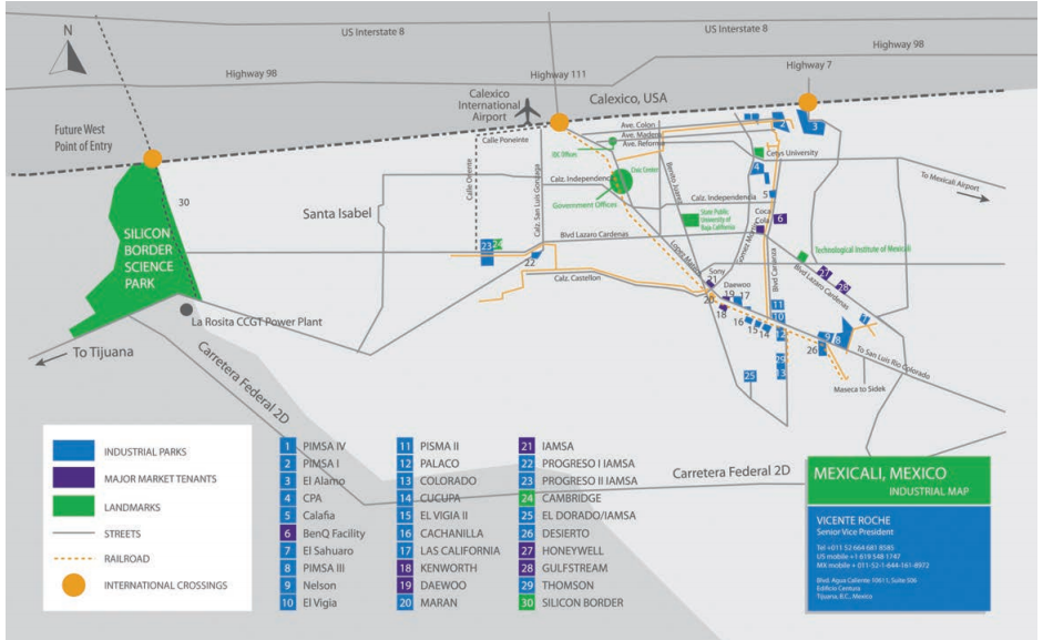 Map produced by Silicon Border developers shows the massive scale of the development when compared to Mexicali, with a population of 700,000. Also, blue boxes represent other, smaller, manufacturing parks all built along international railways and international ports of entry. Source: Silicon Border.