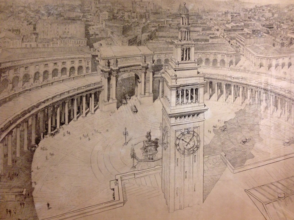 This turn-of-the-century vision would have created a grand public space in front of the Ferry Building encircled by classically-styled columns and arches. Source: Willis Polk (1897)