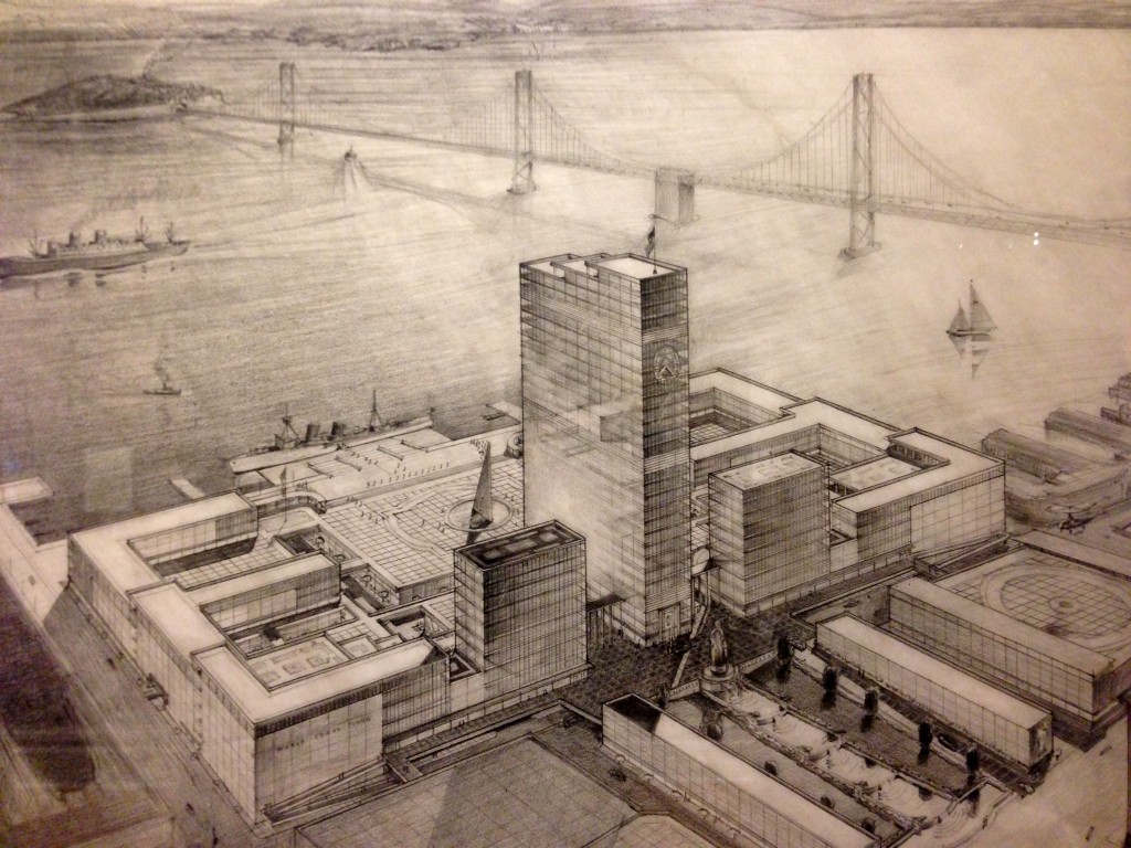 Another vision would have done away with the Ferry Building altogether and replaced it with a modern World Trade Center. The slender center tower and sun dial seem to allude to the structures they would have replaced. Source: Joseph H. Clark (1951).