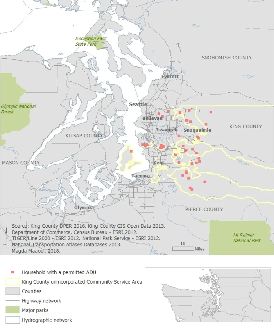 Households with a permitted Accessory-Dwelling Unit in King County’s unincorporated Community Service Areas, since the 2010 legalization (Image by author)