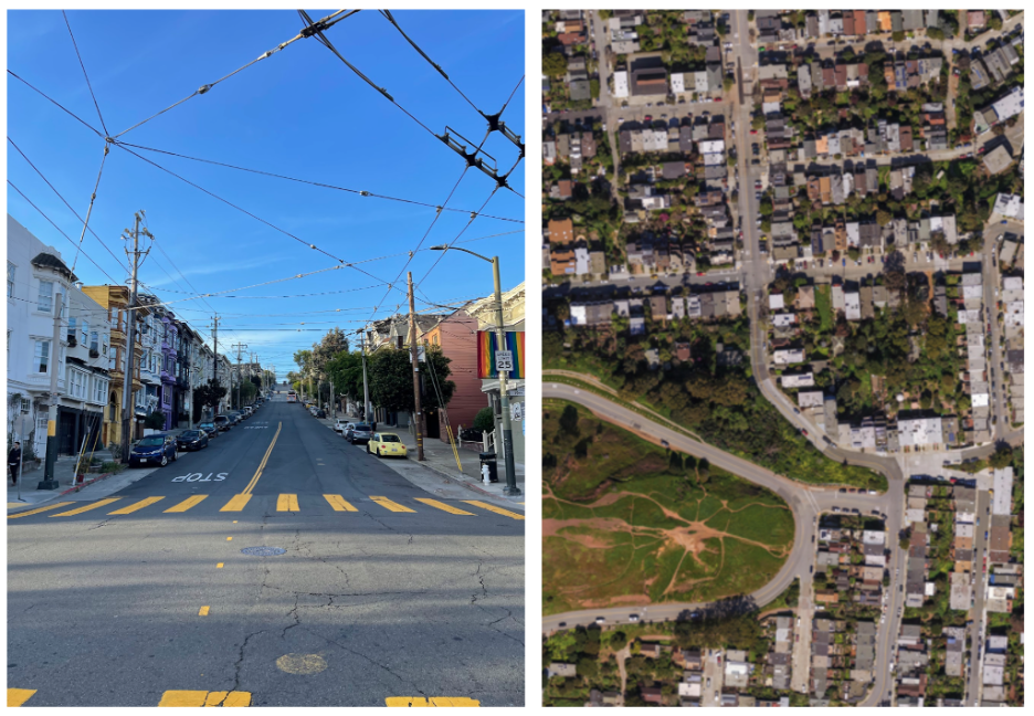 Photograph of crosswalks in San Francisco by the author (left), and aerial imagery of the city’s intersections (right).