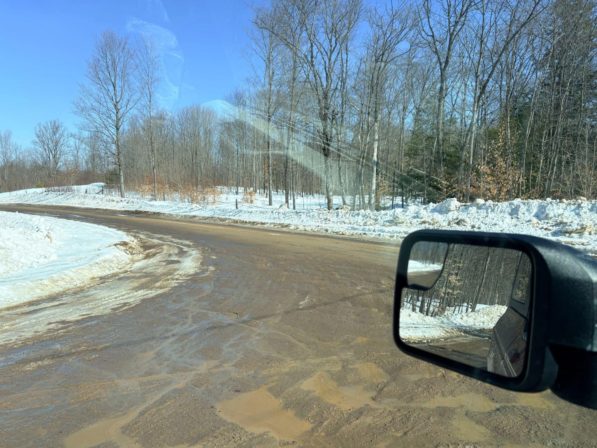 a fork in a muddy, unpaved rural road