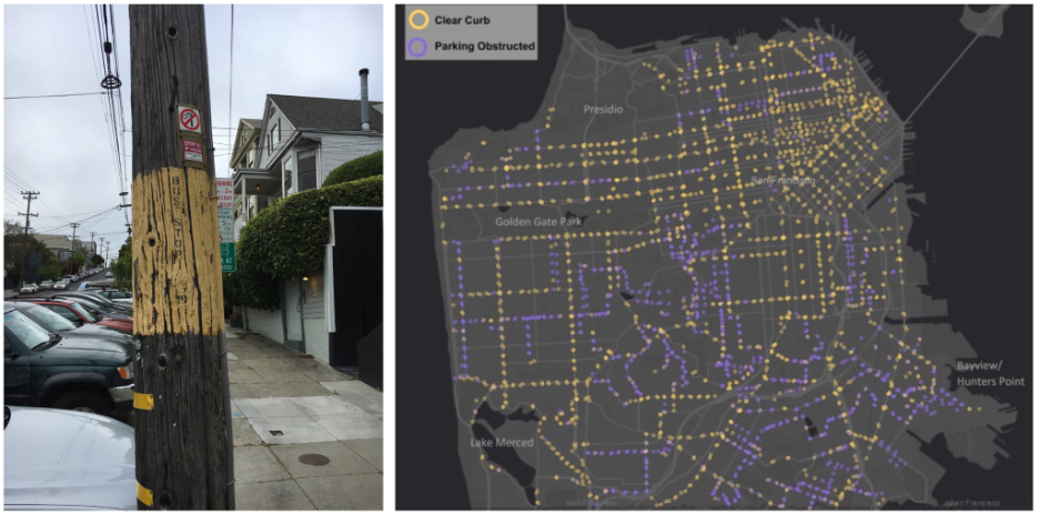 Photograph of a bus stop in San Francisco (left) and a map of approximately 3,000 bus stops visited by the author as part of the 2021 study (right).