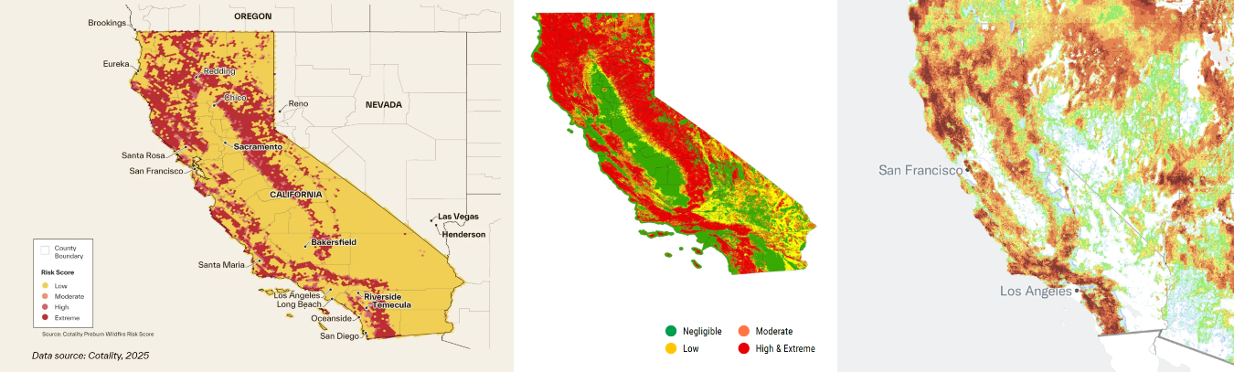 Comparison of the spatial distribution of risk scores from private wildfire models (from left to right: Cotality Preburn Wildfire Risk Score (2025), Verisk Fireline categories (2024), Moody’s Insurance Solutions wildfire risk model)