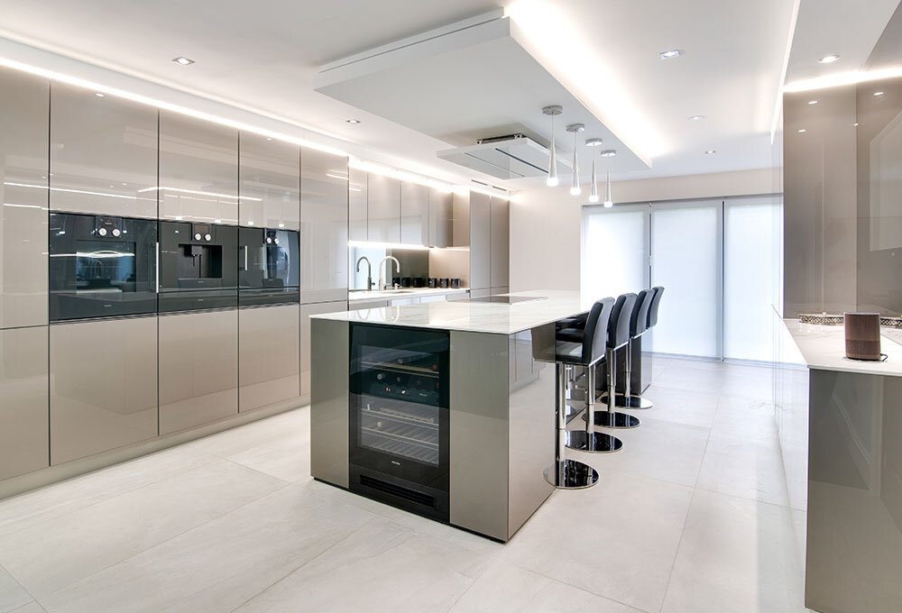 stylish glossy taupe coloured family kitchen in north london