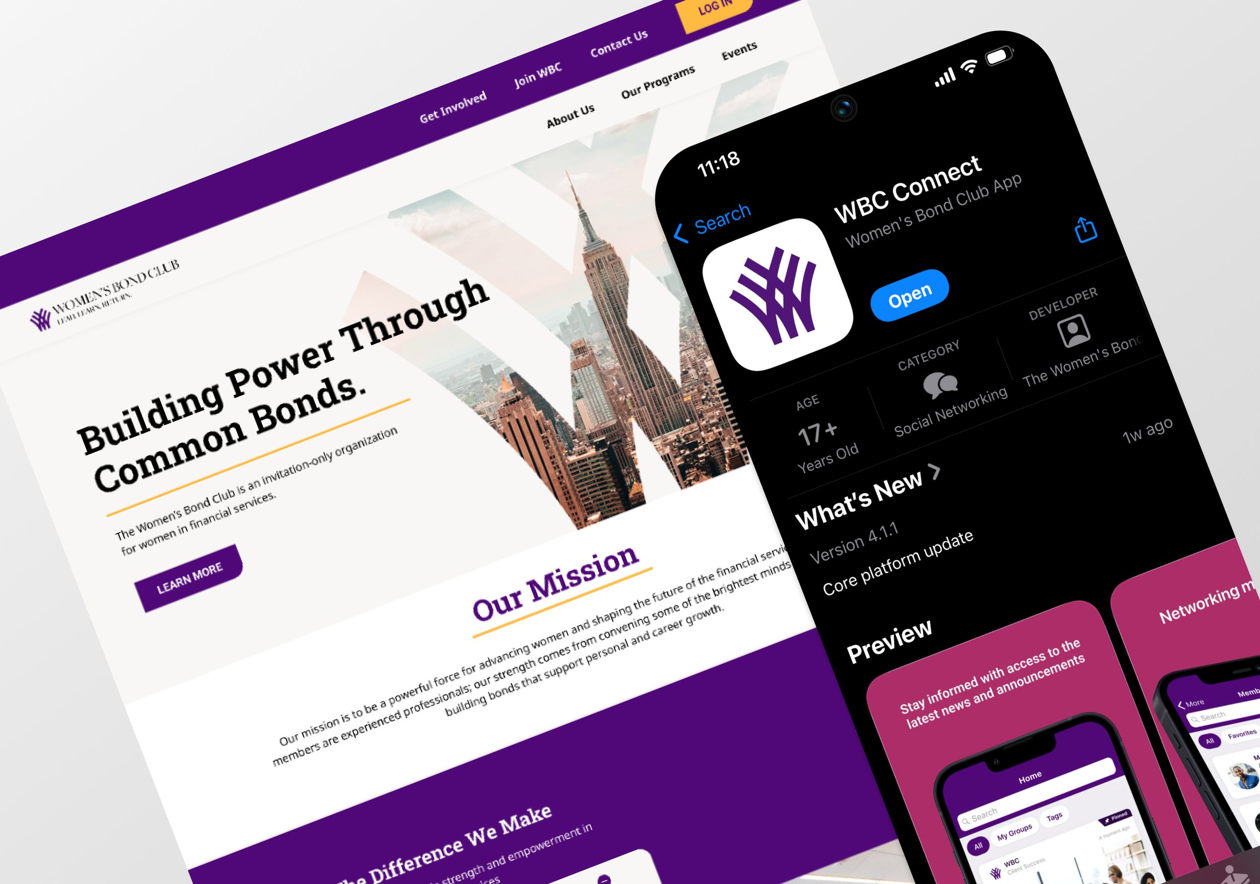 Website redesign and mobile app interface for the Women’s Bond Club, featuring bold purple branding, New York skyline imagery, and networking-focused user experience design displayed across desktop and smartphone mockups