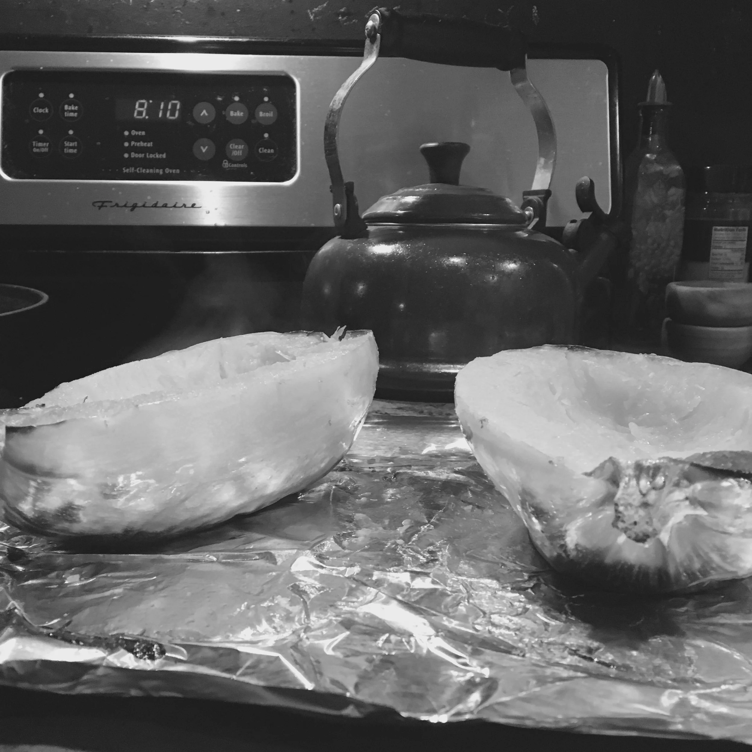 I used the black and white so you could see the steam pouring out of this vegetable cauldron ten minutes after it came out of the oven. Also, you can see how damned late we're having dinner.