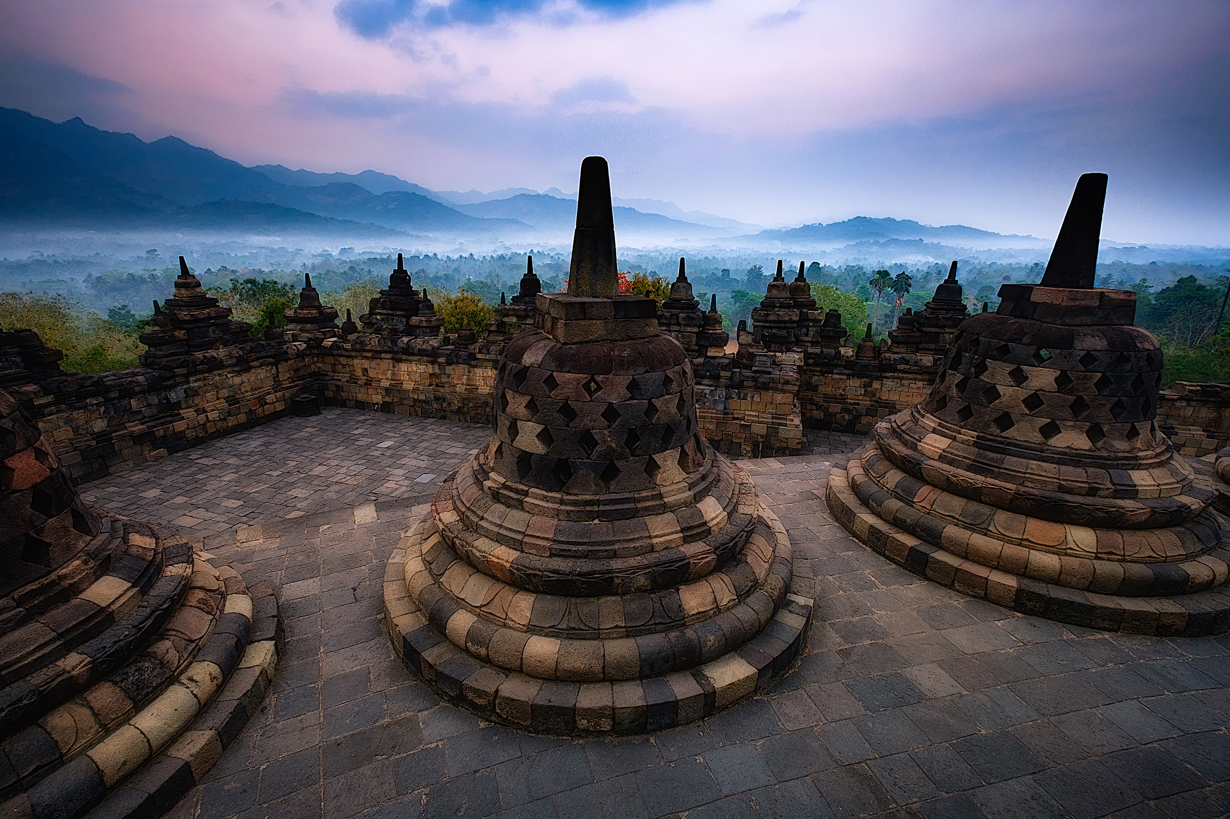 Borobudur The incredible temple of Borobudur at sunrise. Central Java.