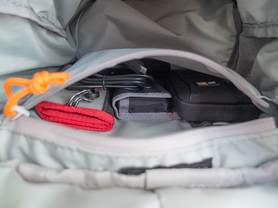 Interior zip pocket with spare battery pouch, card pouch, spare pouch for smaller batteries and cable release