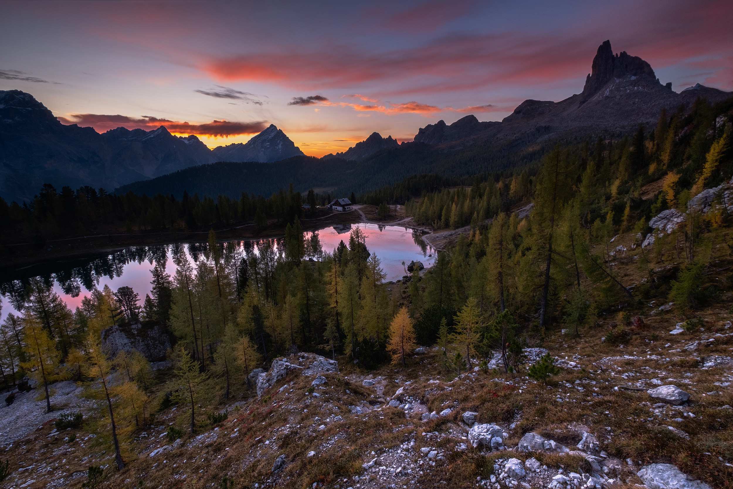 Croda da Lago Sunrise A few moments before the sun came over the peaks on the Croda da Lago trail in the Dolomites.