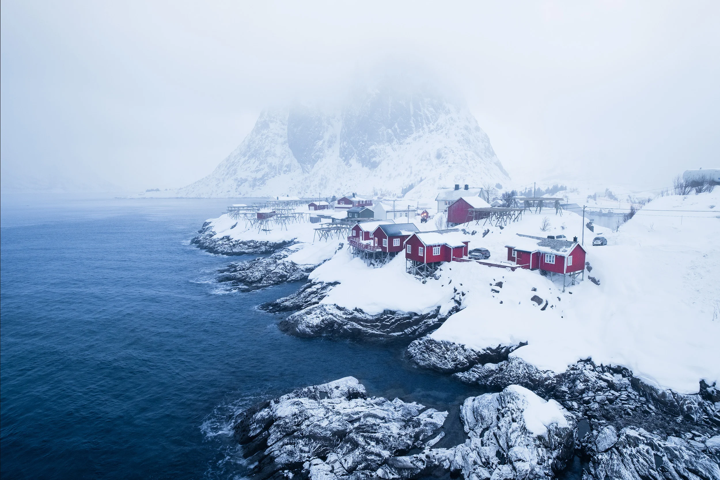 Hamnøy The fishing cabins of Hamnøy on a cloudy and snowy morning in the Lofoten Islands