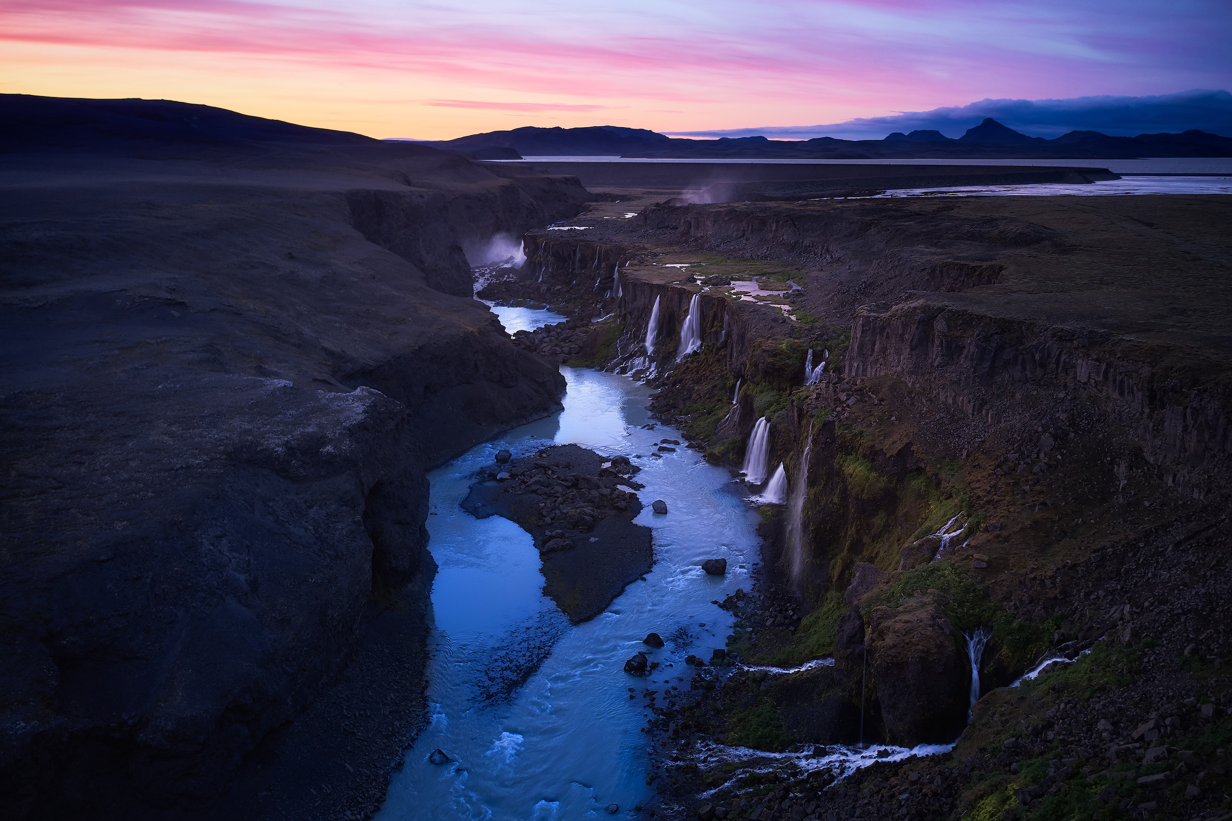 Sigöldugljufur The water falls in multiple streams as this river is split on it’s passage across the plains of Iceland’s highlands before collecting again into this beautiful coloured river.