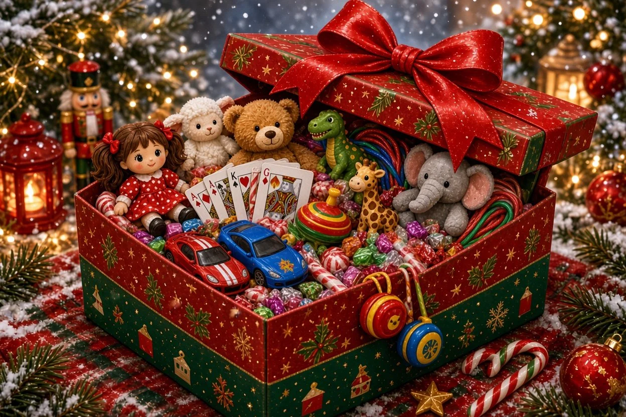 Christmas Boxes - Small Toys    (card games, jump ropes, little cars, coloring books, hard candy)