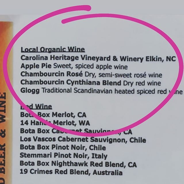 Love seeing this on a wine menu! Go check out Carolina Heritage wines at @boondocksbrewing! #ncwine