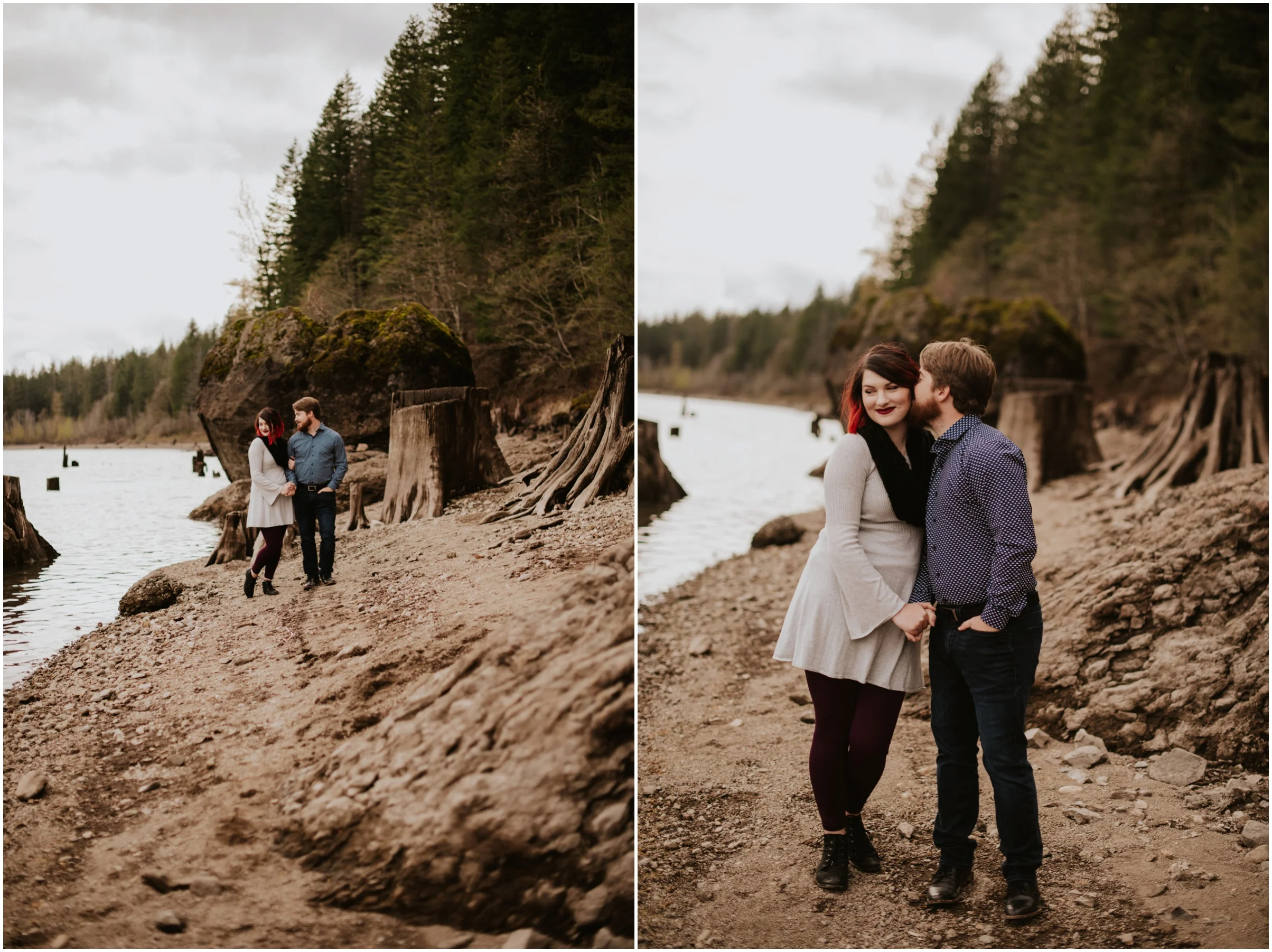 couple walking on the beach Rattlesnake Lake, WA | Seattle Wedding Photographer www.riversandroadsphotography.com