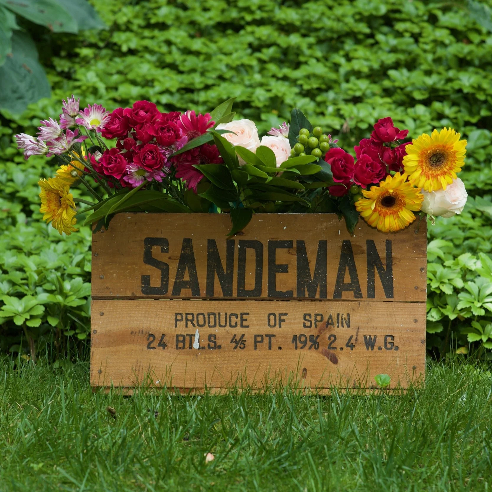 Wooden Sandeman crate with flowers
