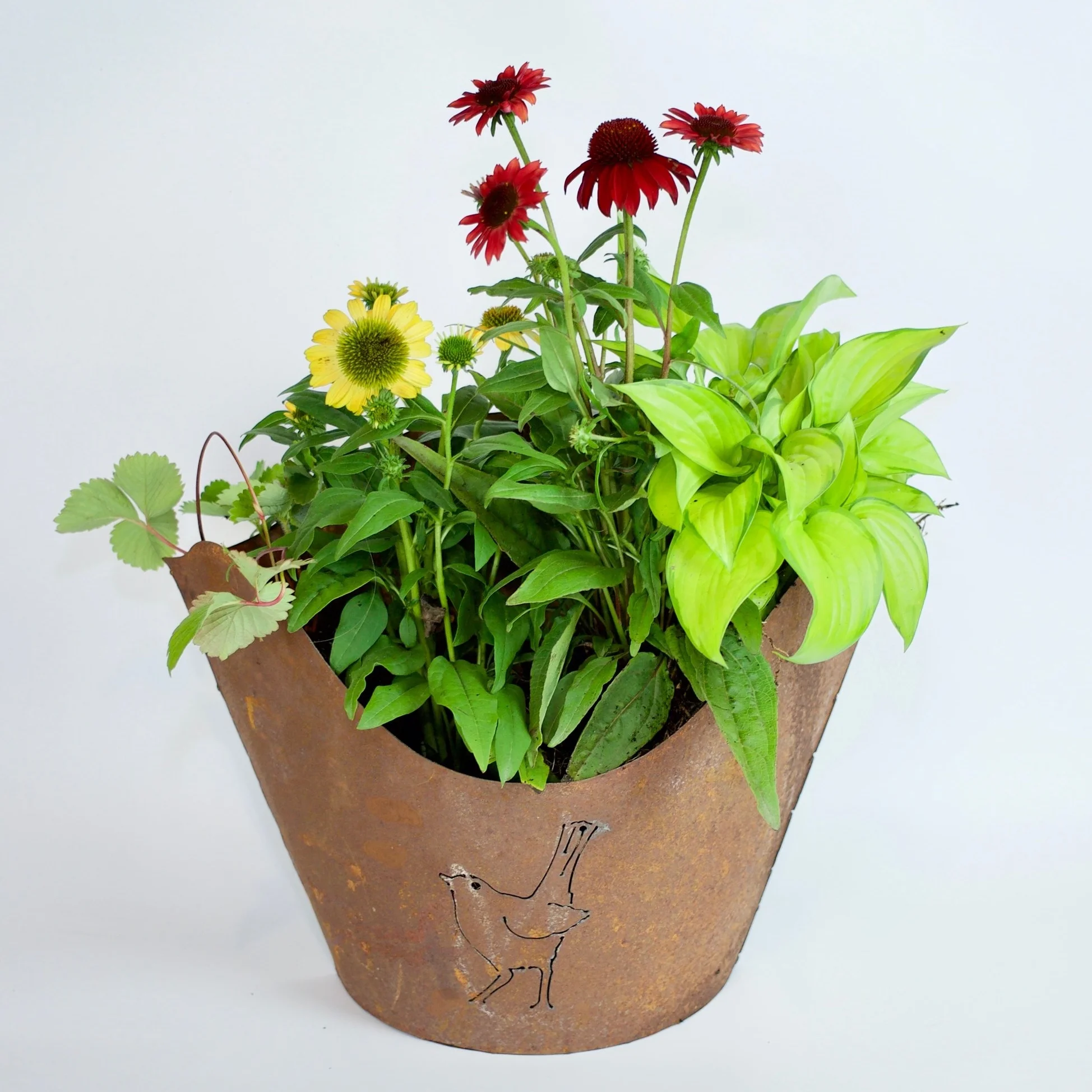 Rusted metal envelope filled with flowers