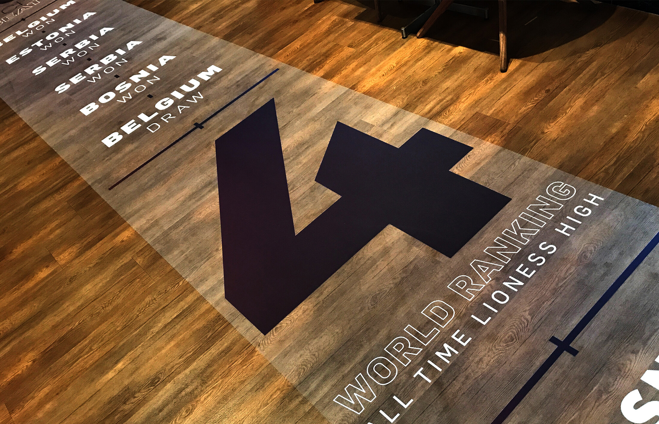  This 20 metre long aspirational floor graphic tells the story of the qualifying campaign and is peppered with important wins and successes that happened along the way. It takes you on a journey through through the group stages, quarter finals, semi 