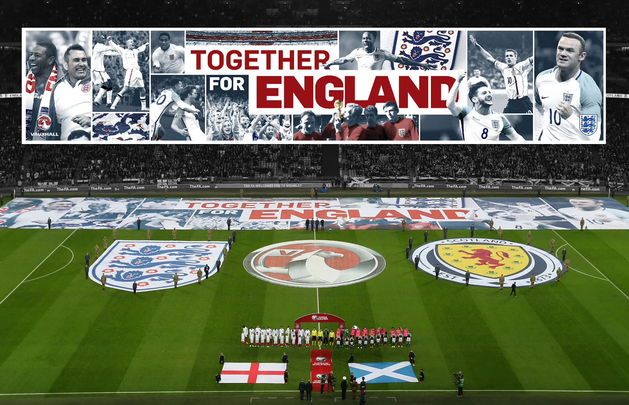  105-metre pitch banner of England football legends, current players and fans is displayed at the start of all England home games.  