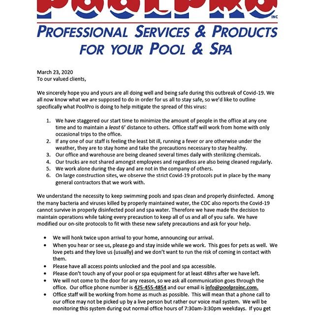 Our COVID-19 response to our clients. We are here for you. You can find a copy on our website, link in bio, or email us and we will send you a copy. Please do not hesitate to reach out. We are all in this together. #pool #spa #swimmingpool #covid_19