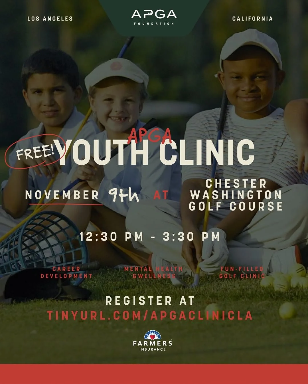 🚨FREE YOUTH CLINIC🚨

Prizes, snacks and giveaways for participating students! (Ages: 7-17)

Join us this Sunday, November 9, from 1-3:30PM at Chester Washington Golf Course in Los Angeles, CA for a fun day on the course!

Hit the link in bio for mo