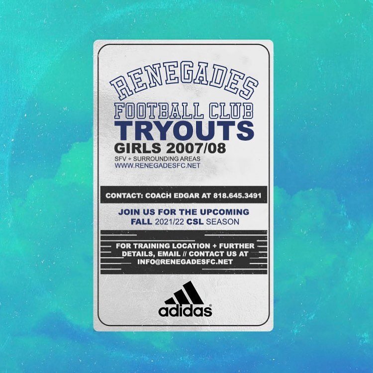 RFC TRYOUTS have arrived 👏🏼⚽️ &bull; contact us today to schedule a visit &amp; try out for the upcoming Fall 2021/22 season 🏃🏽&zwj;♂️🏃🏽&zwj;♀️
&bull;
&bull;
&bull;
For more information contact the coach directly or send us an 📧 to info@renega