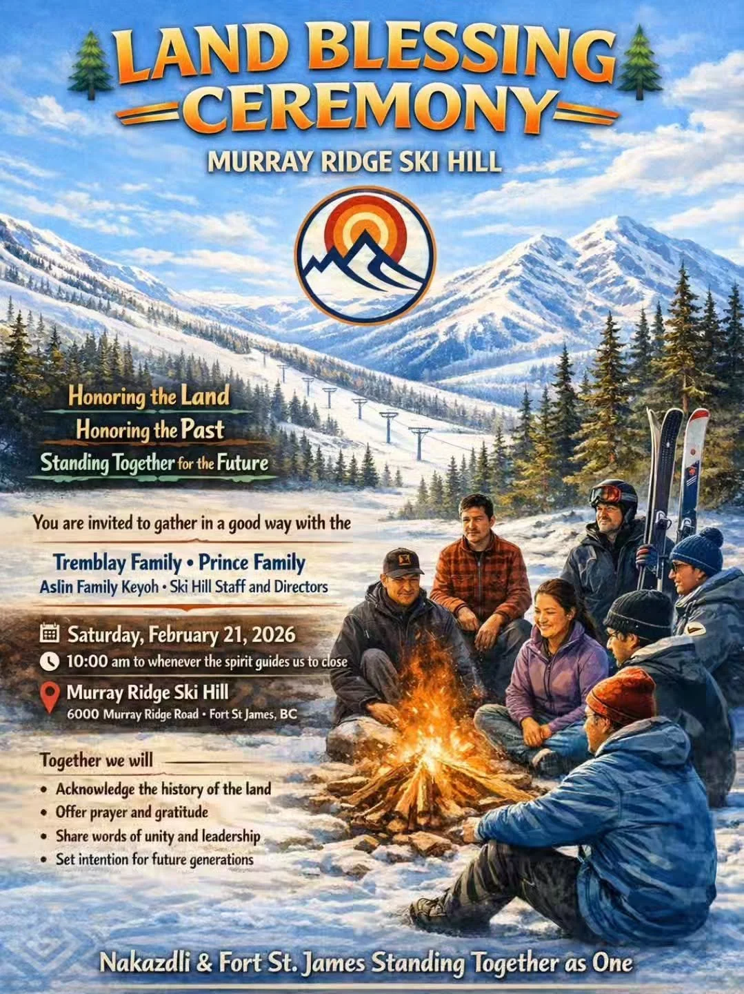 Tomorrow, February 21st we will be hosting a land blessing at Murray Ridge which sits on the traditional territory of Nak'azdli Whut'en. Everyone is welcome to please participate and join in the ceremony to honour this mountain, the land, and the cul