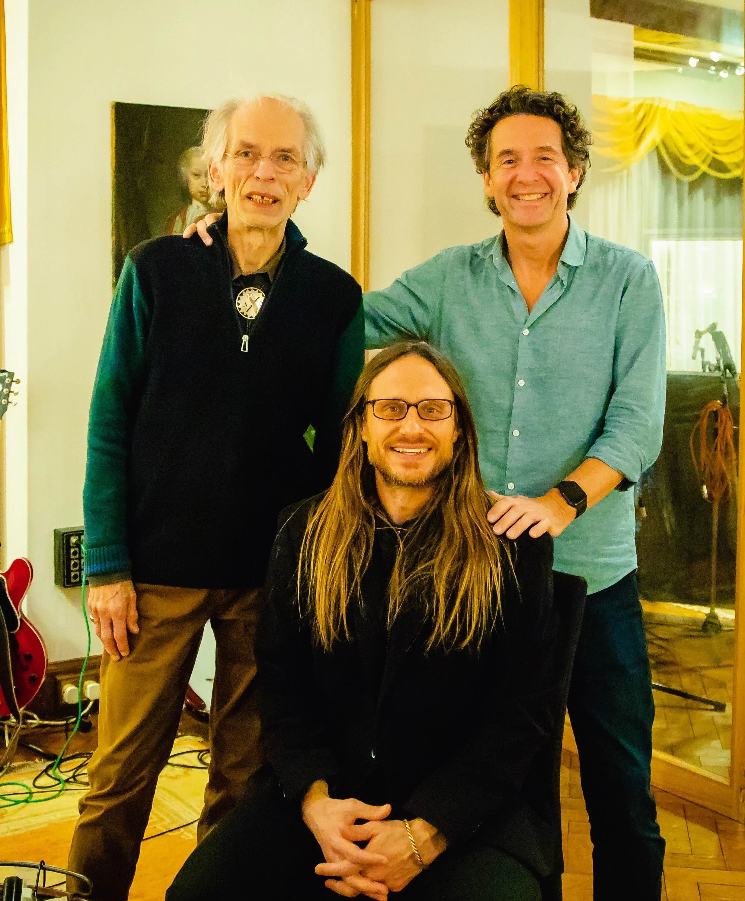 Curtis Schwartz with Steve Howe and Jon Davison during Yes recording sessions at Curtis Schwartz Studio.