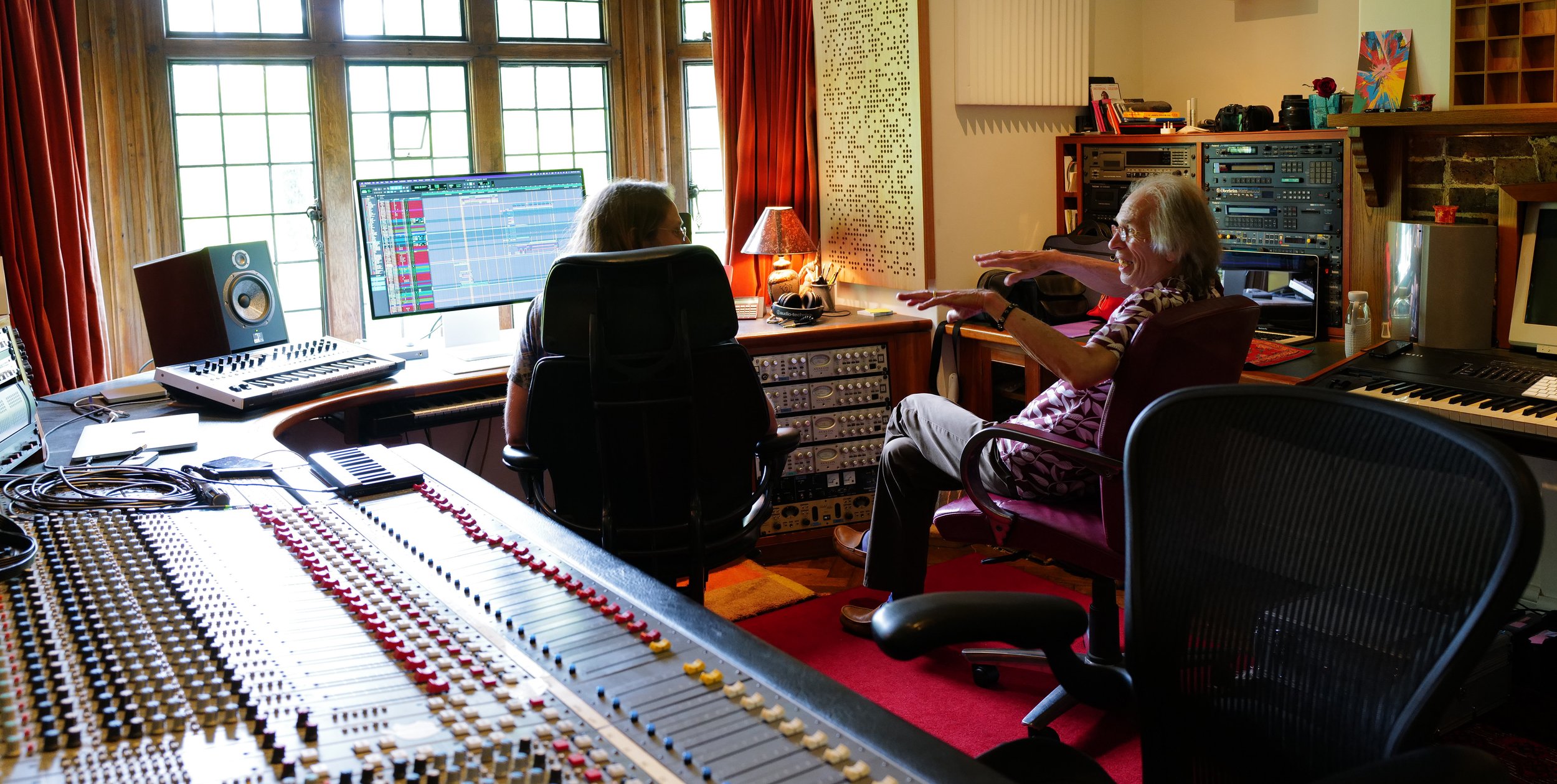 Steve Howe in the producer’s chair in the control room at Curtis Schwartz Studio, with mixing console, Pro Tools system and studio monitors.