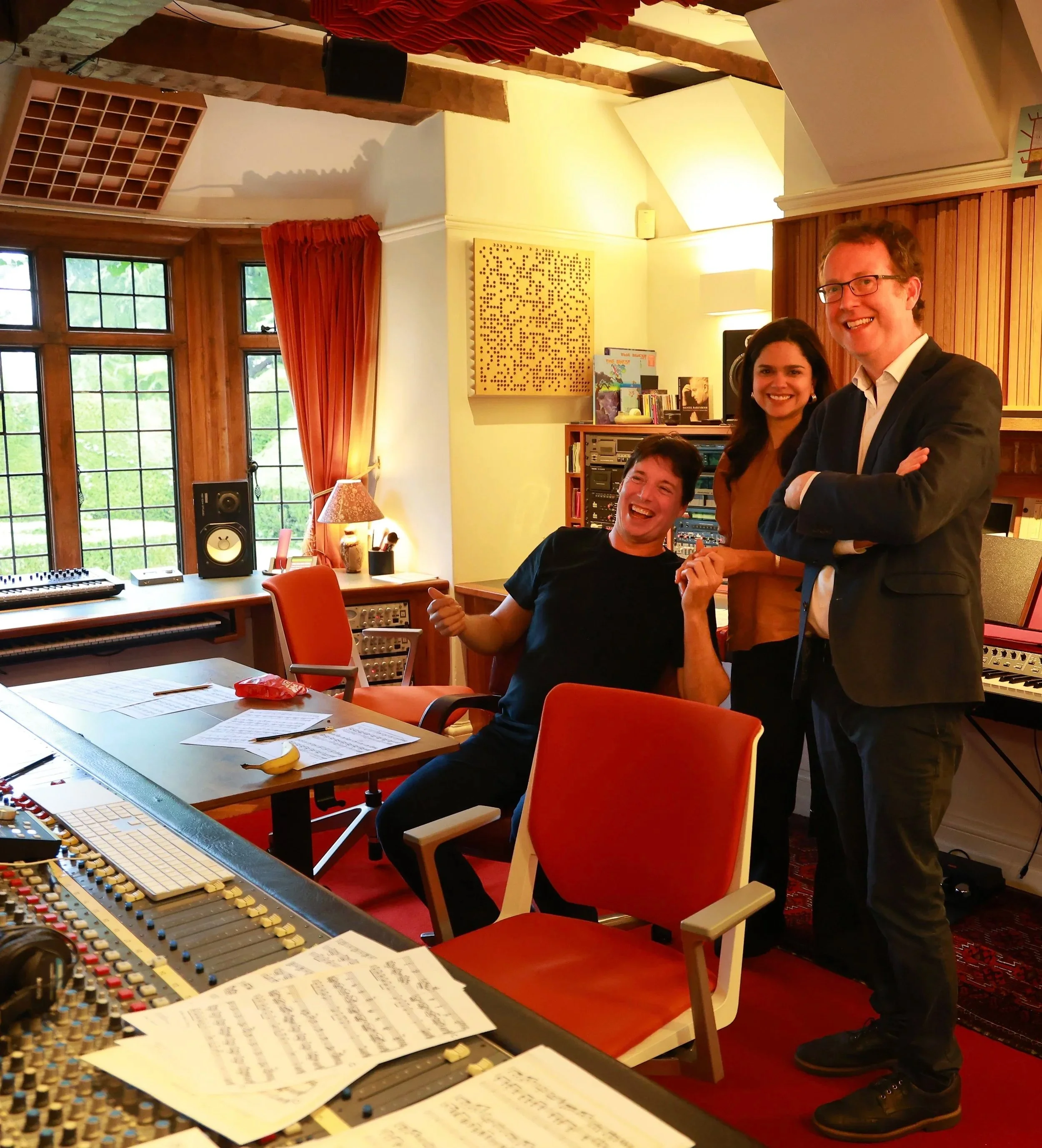 Joshua Bell and Larisa Martinez and Sam Haywood in the control room of Curtis Schwartz Studio