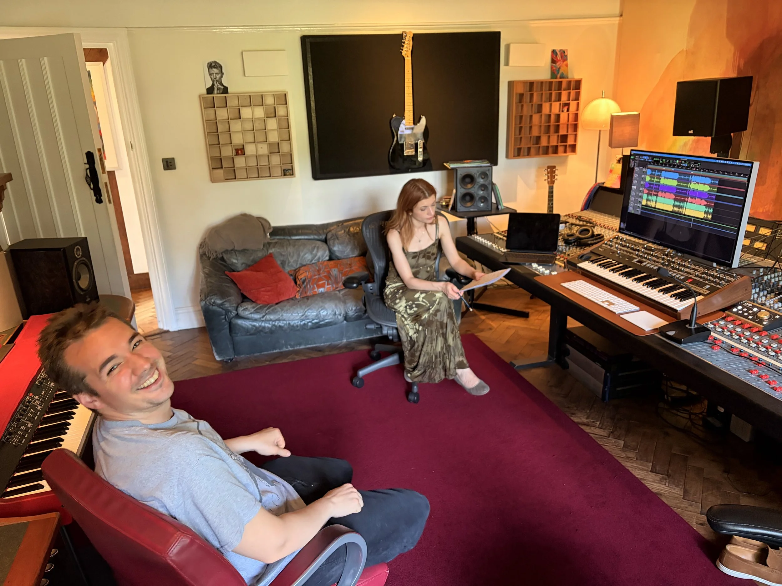Knarika Karapetjana and Daniel Lebhardt listening back to takes in the control room at Curtis Schwartz Studio during their viola and piano recording session.