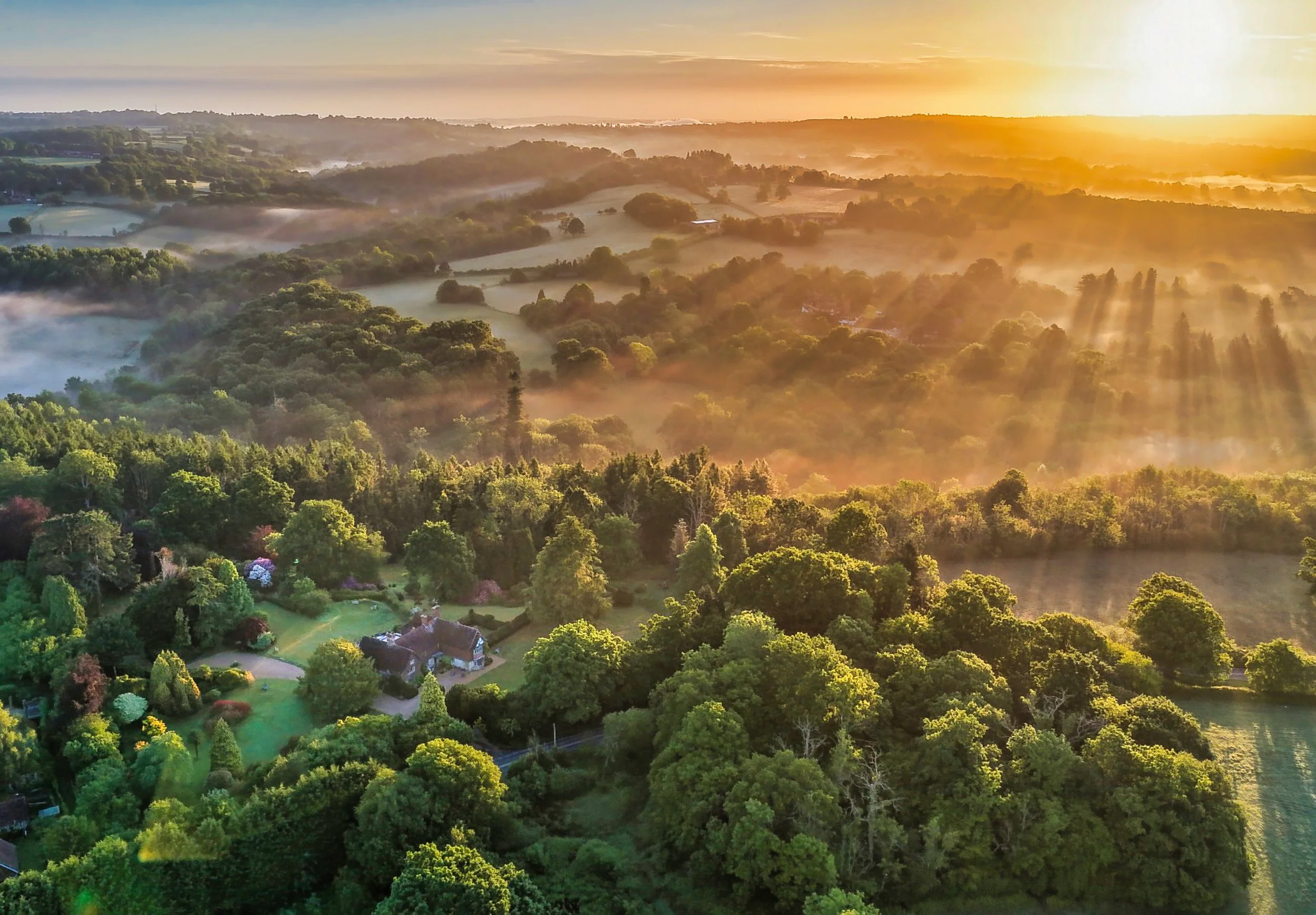 Aerial view of a lush green landscape at sunrise with trees, rolling hills, a river, and a house surrounded by gardens