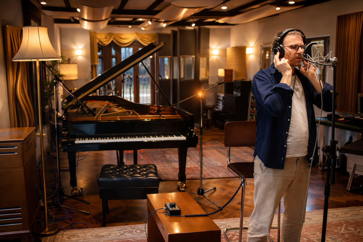 RIOPY recording vocals at Curtis Schwartz Studio in Sussex beside the Steinway D Spirio concert grand piano.