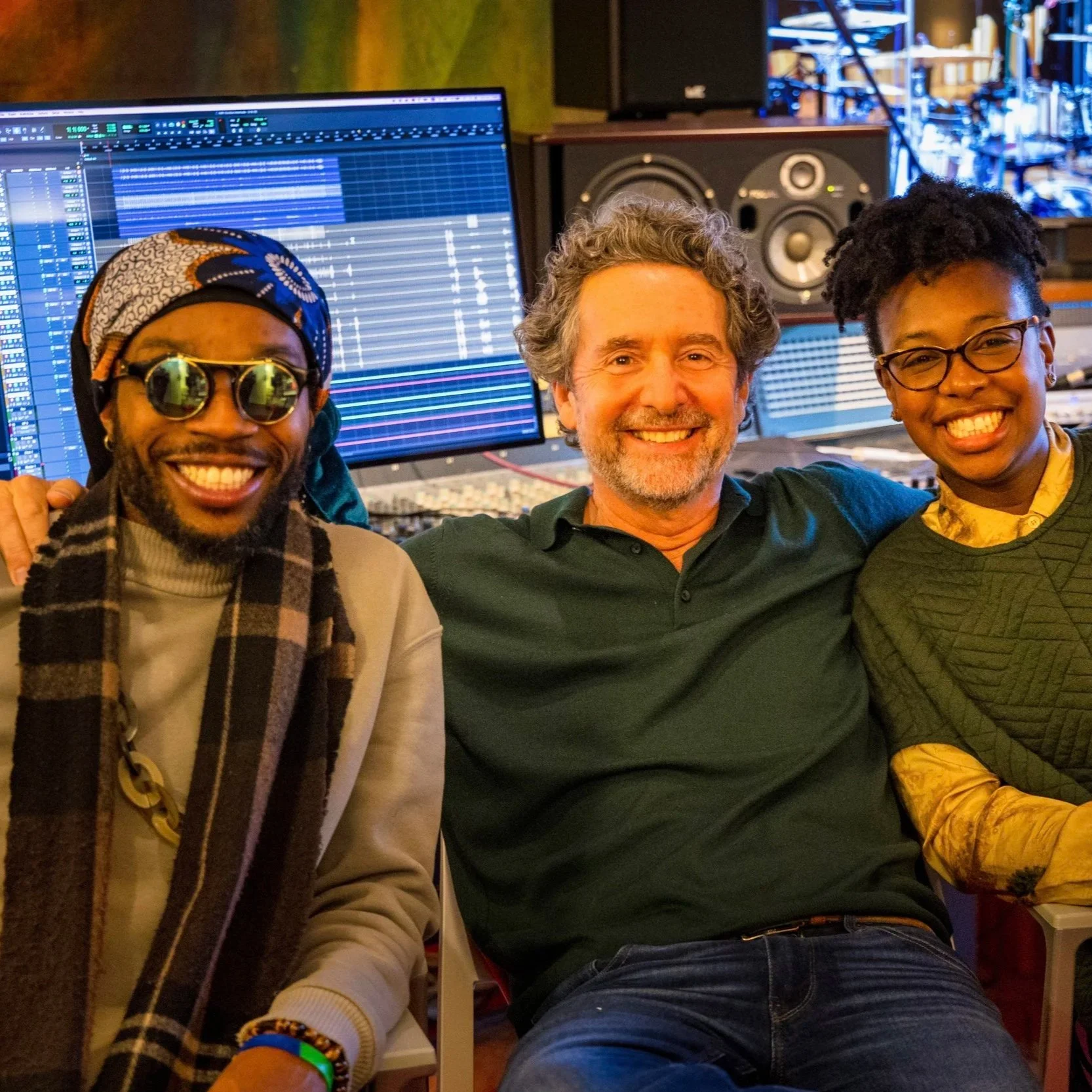 Curtis Schwartz with artists in the control room at Curtis Schwartz Studio in West Sussex.