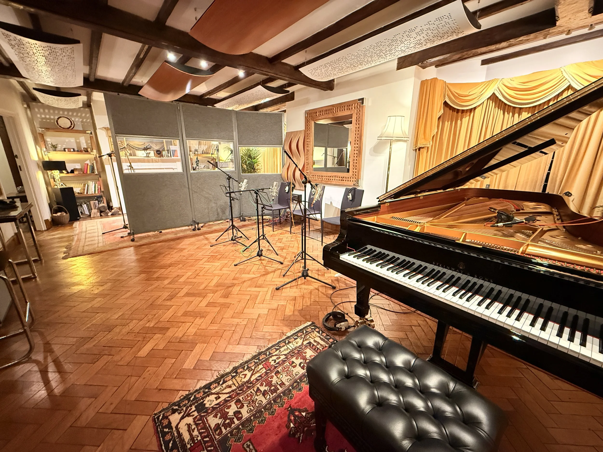 Steinway piano and live room set up for a music production masterclass at Curtis Schwartz Studio