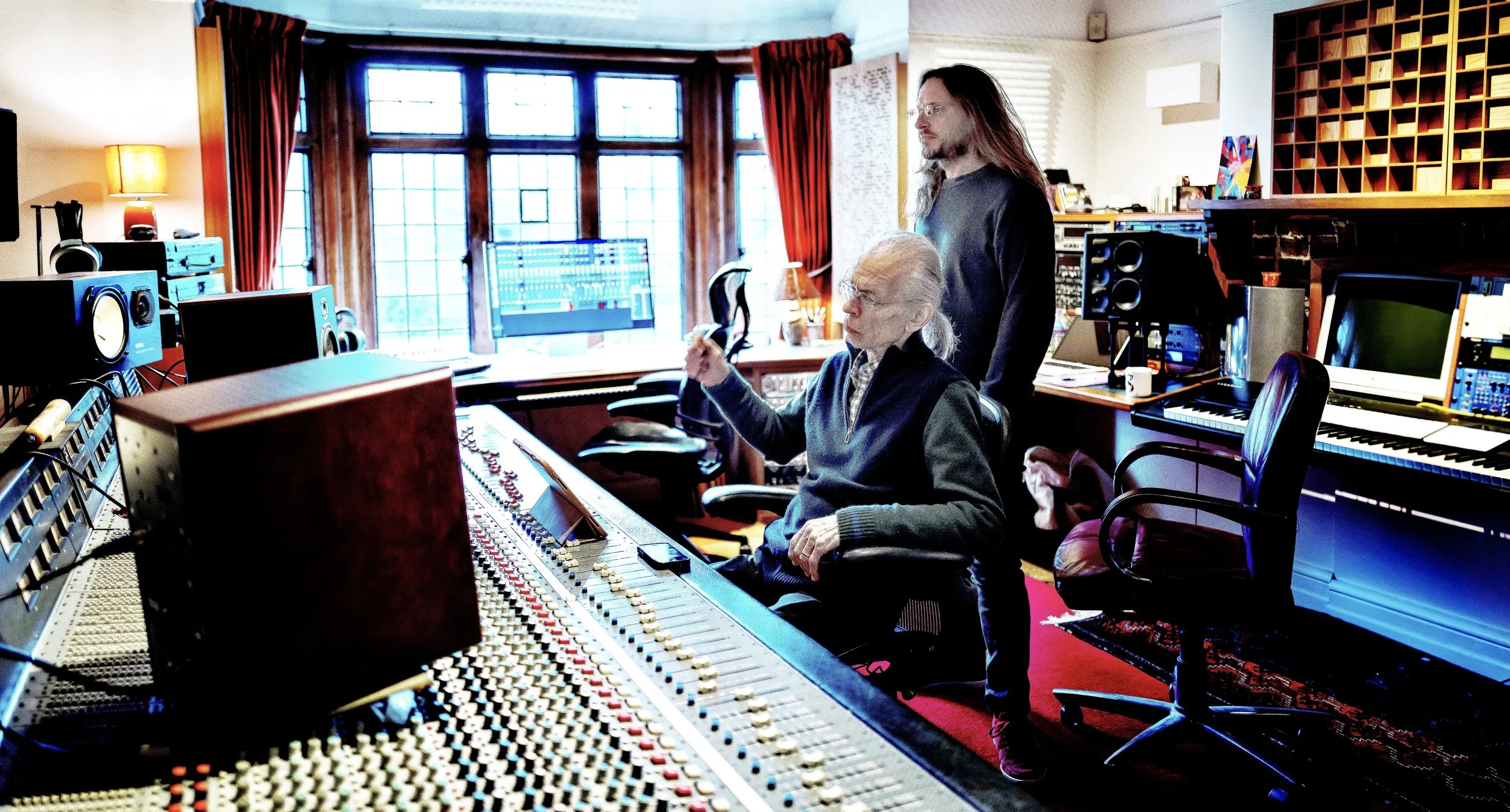 Yes musicians Steve Howe and Jon Davison working together in the control room at Curtis Schwartz Studio.