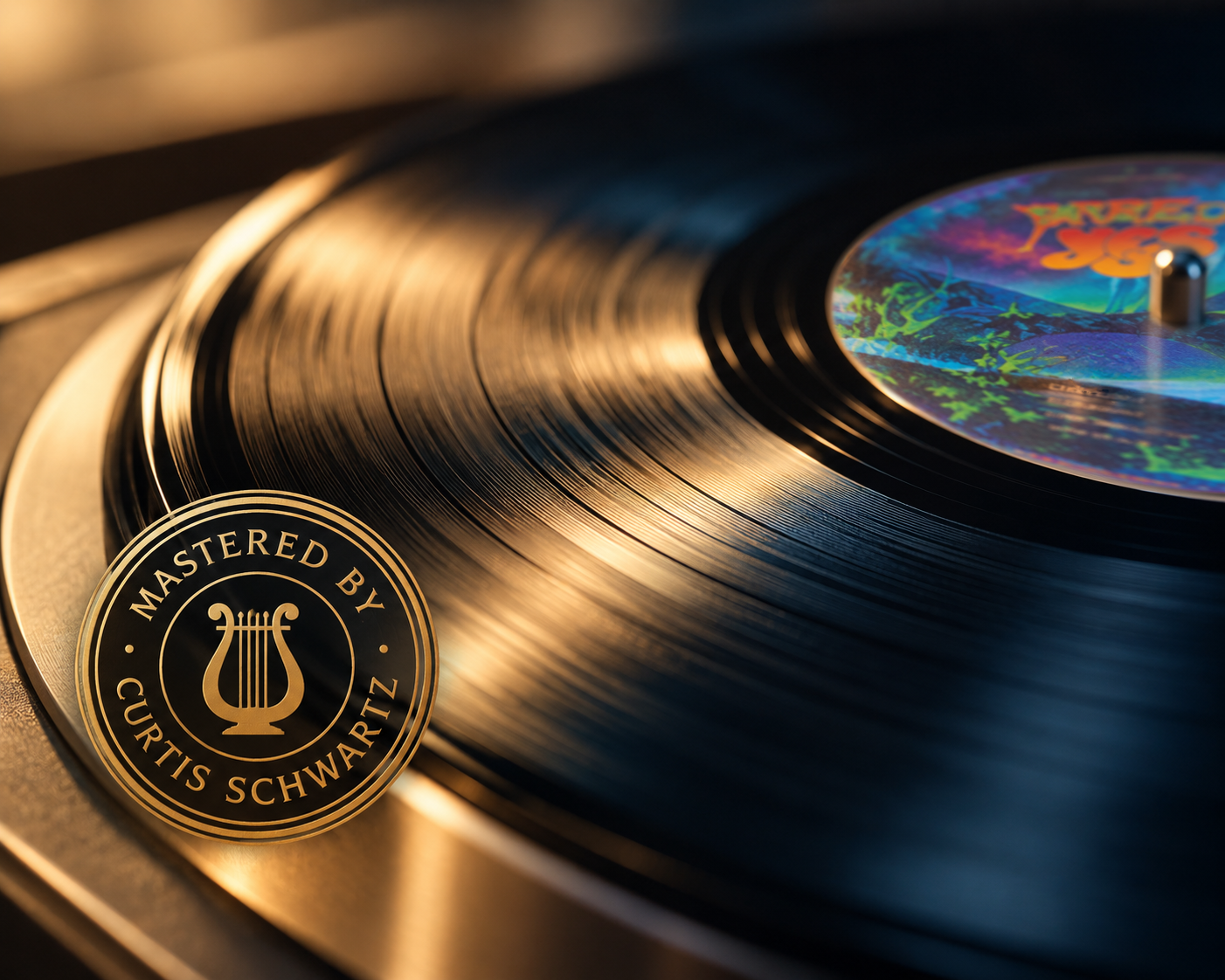 Black vinyl record with the YES Aurora label and a gold Mastered by Curtis Schwartz seal