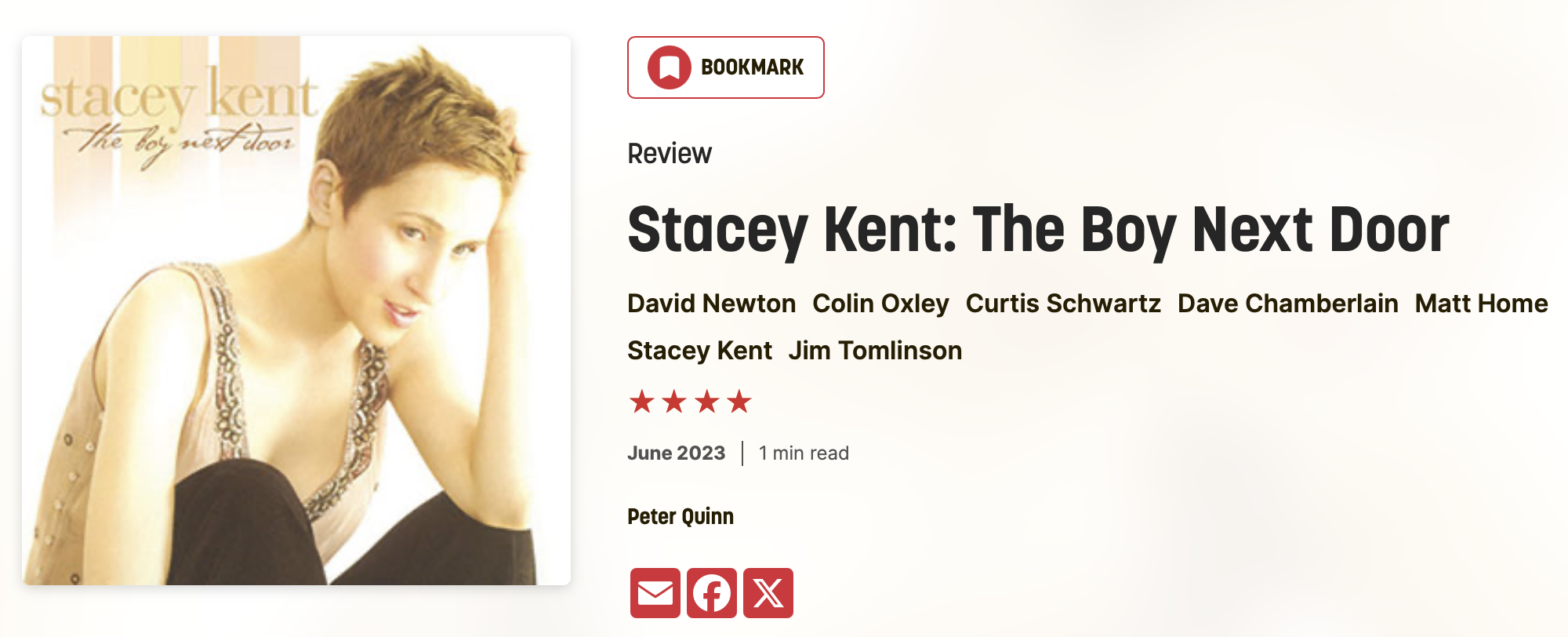Review of Stacey Kent’s album The Boy Next Door, recorded at Curtis Schwartz Studio.