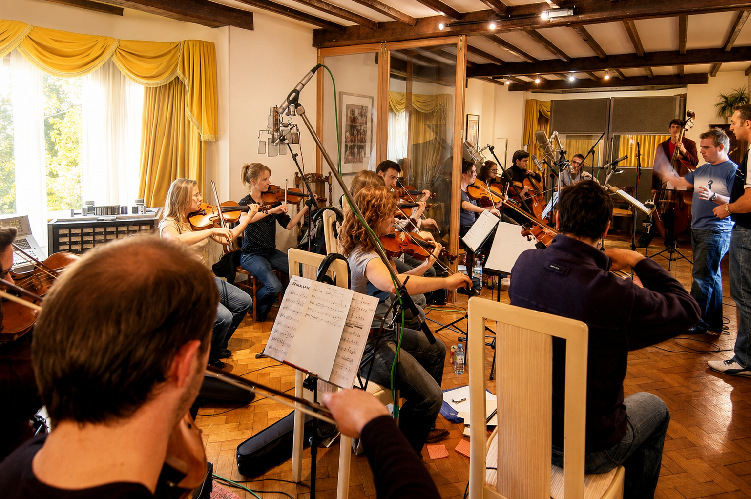 Large string ensemble recording at Curtis Schwartz Studio, with musicians, music stands and microphones arranged throughout the live room.