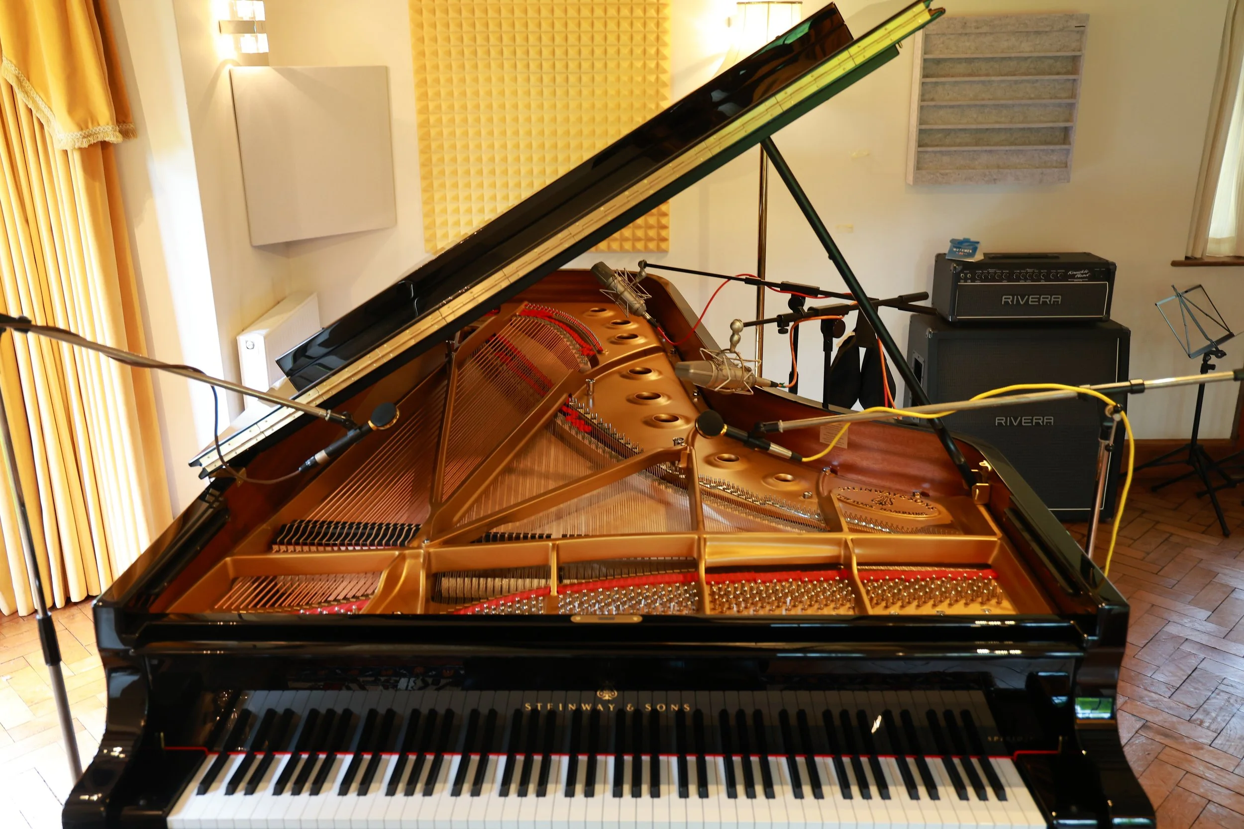 Golden strings and frame of the Hamburg Steinway Model D, with microphones positioned for recording at Curtis Schwartz Studio.