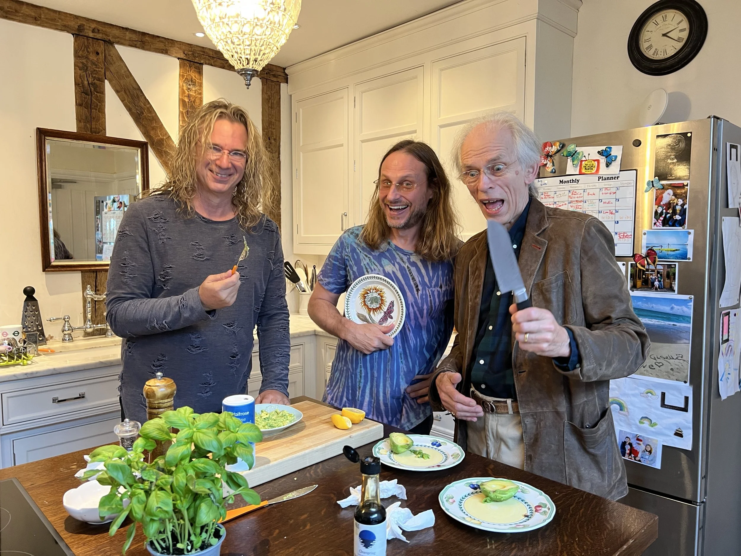 Steve Howe, Jon Davison and Billy Sherwood of YES enjoying lunch together during recording sessions at Curtis Schwartz Studio.