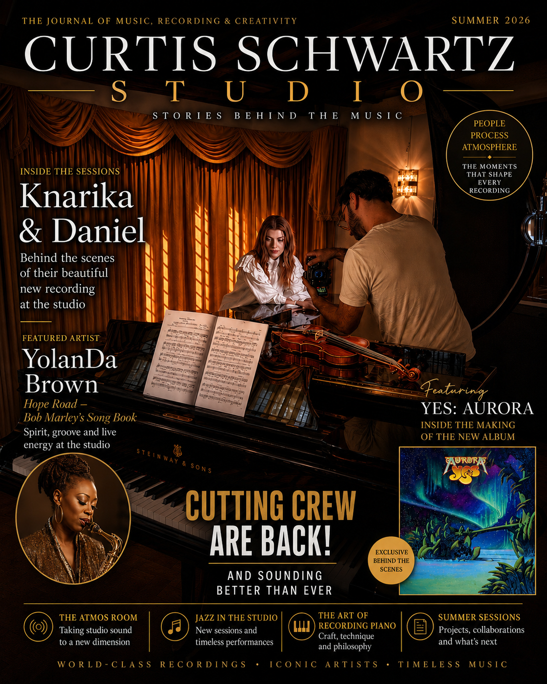 Curtis Schwartz Studio magazine cover featuring Knarika Karapetjana and Daniel Lebhardt during a classical recording session.