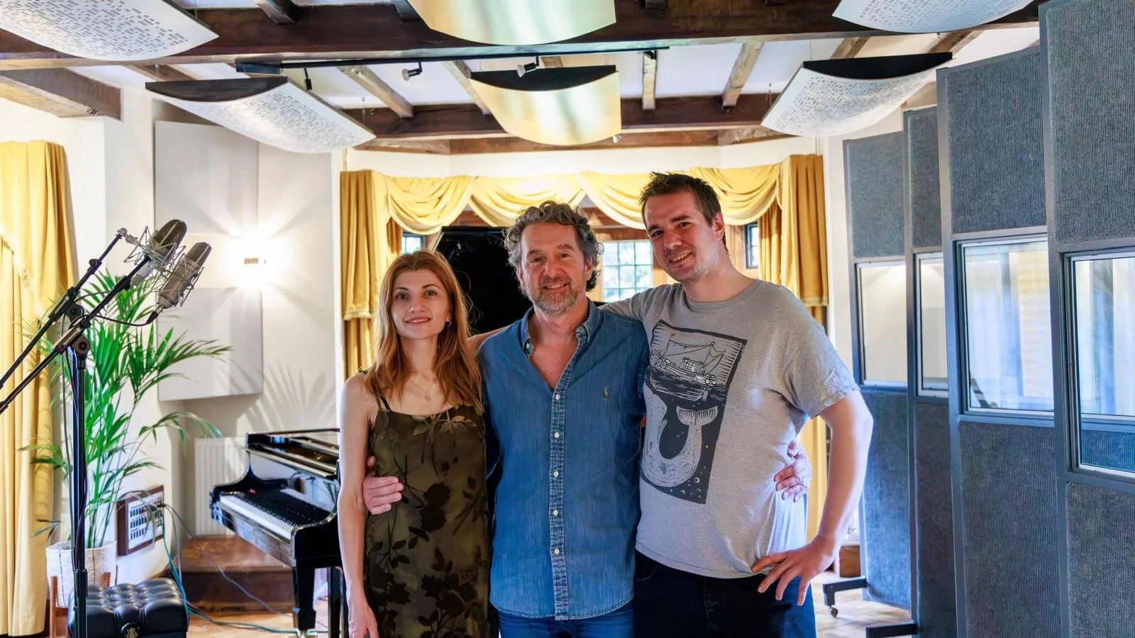 Knarika Karapetjana, Curtis Schwartz and Daniel Lebhardt in the live room at Curtis Schwartz Studio at the end of their viola and piano recording session.
