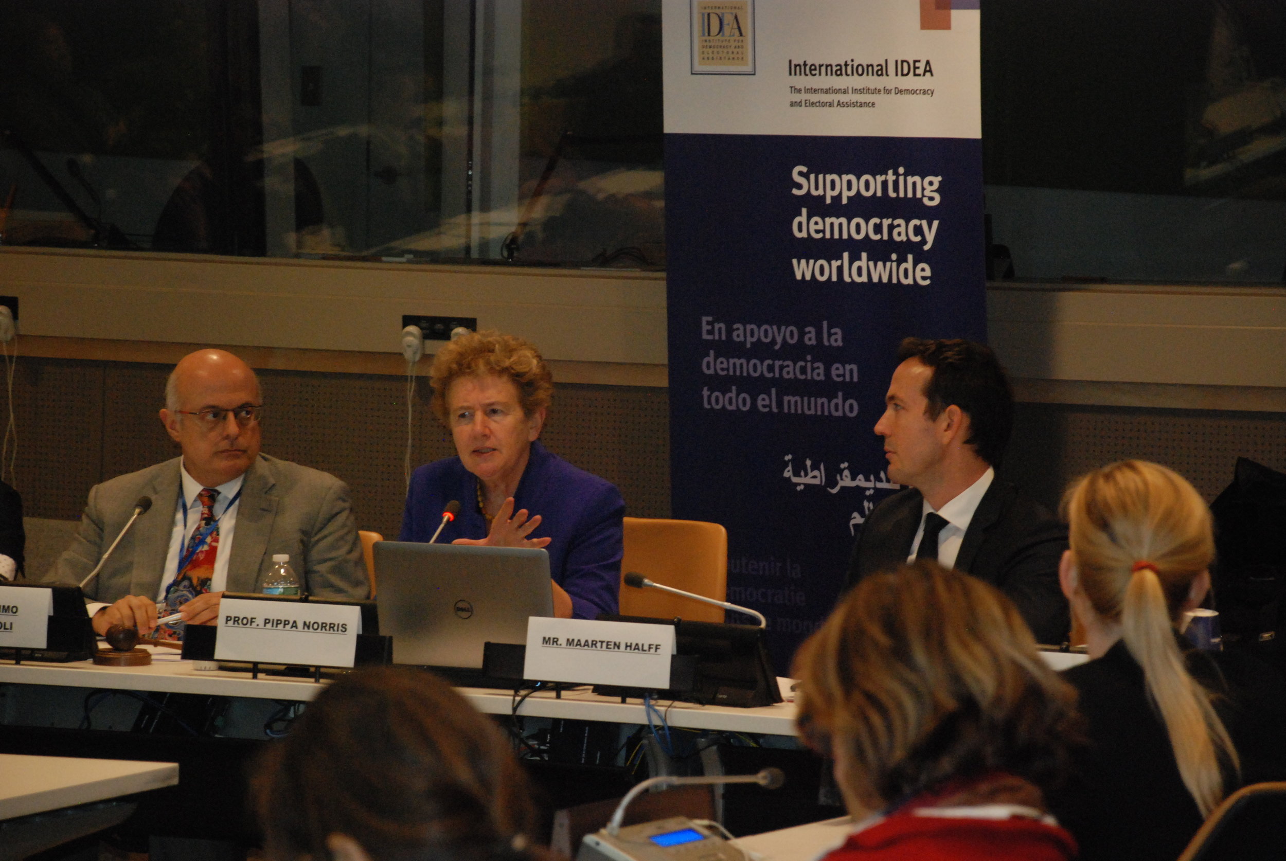 Pippa Norris with Massimo Tomassoni (International IDEA) and Maarten Halff (UN-EAD) speaking on electoral integrity at the United Nations, Nov 2016.