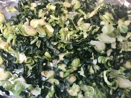 Sliced kale with some shaved brussels sprouts, along with a little olive oil and salt and pepper and roasted at 350 degrees for 8-10 minutes.